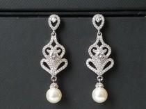 wedding photo -  Pearl Chandelier Bridal Earrings, Swarovski White Pearl Dangle Earrings, Pearl Bridal Jewelry, Wedding Pearl Jewelry, Pearl Silver Earrings