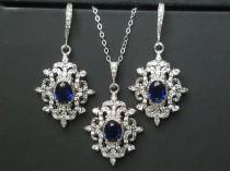 wedding photo -  Bridal Jewelry Set, Wedding Earrings&Necklace Set, Navy Blue Silver Halo Jewelry Set, Vintage Bridal Jewelry Sapphire Blue Victorian Jewelry