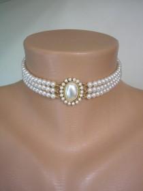 wedding photo -  Lotus Pearl Choker, Vintage Pearls, Lotus Classic Pearls, 3 Strand Pearl Choker, Ivory Pearls, Bridal Pearls, Vintage Wedding, Bridal Choker