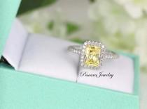 wedding photo - 1.88ctw Light Canary Emerald Radiant Cut halo engagement ring, promise ring, wedding ring, anniversary ring, sterling silver