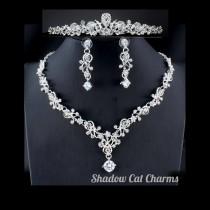 wedding photo - Crystal Bridal Tiara Set, Necklace, Earrings, Floral Vine Bridal Necklace, Crystal Wedding Earrings , 3 Piece Bridal Jewelry Set W02
