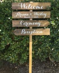 wedding photo - Directional Wedding Sign, Custom Sign, Welcome, Reception Sign, Dinner and Dancing, Backyard Wedding Sign, Rustic Stained, 4ft Stake