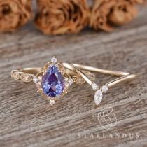 wedding photo - Lab Alexandrite Engagement Ring Unique Marquise Stacking Band Rose Gold 2pcs Vine Flower Rings Pear Alexandrite Brilliant Ring Chevron Ring