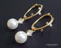wedding photo - White Pearl Gold Earrings, Swarovski Pearl Gold Leverbacks, Bridal Pearl Drop Earrings, Wedding White Pearl Jewelry, Bridal Pearl Jewelry