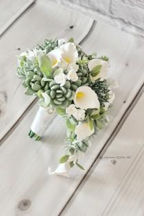 wedding photo -  White calla lily wedding bouquet, Keepsake succulent bouquet, Cascading bridal bouquet, Teardrop bouquet, White calla lily bouquet
