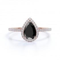 wedding photo - 14k Rose Gold Pear Cut Ring With Black Diamond Halo