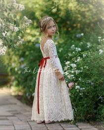 wedding photo - Flower girl dress, long sleeve flower girl dress, rustic flower girl dress, boho flower girl dress, lace flower girl dress, wedding dress