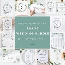 wedding photo - Boho Eucalyptus Wedding Template Bundle, Greenery Wedding Invitation Set, Printable Wedding Suite Download, Wedding Template Bundle, #007