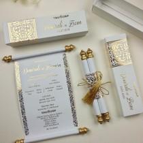 wedding photo - SAMPLE Elegance Handmade Custom Design, Real Gold Foil, Imprinted Scroll Invitation, Boxed Embossed Wedding Invitation, Holographic Foil