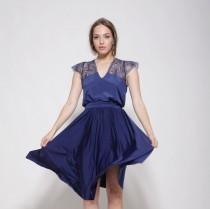 wedding photo - Bridesmaids blue dress knee length, lace at the top and sleeves ,bell shape skirt, prom dress.