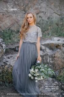 wedding photo - Ombre Slate Grey&Dusty Blue Mary Dress, Long Grey Waterfall Bridesmaids or Engagement Skirt, Prom Lace Dresses Plus Size Dark Grey
