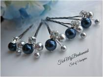 wedding photo - Ivory blue Pearl Clip, Bridal Hair Pins, Wedding Hair Accessories, Pearl Wedding Hair Pins, Set of 5 pins, Floral Vine, White hair clips.