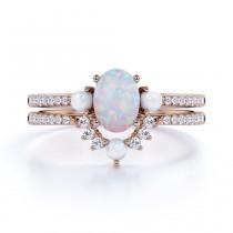 wedding photo - Natural Oval Opal and Freshwater Pearl Bridal Set, 1.50 Carat, Diamond Pave Ring, Contour Wedding Band, Past Present Future Ring, 10k Gold