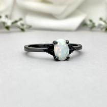 wedding photo - Black Rhodium Oval White Fire Opal Ring Round Black Onyx Sterling Silver Engagement Ring Art Deco Lab White Fire Opal Promise Wedding Ring