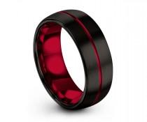 wedding photo - Tungsten Ring, Black Red Wedding Band, Tungsten Carbide 8mm, Mens, Women, Matching, Engagement, Rings for Men, Black Ring, Promise Ring