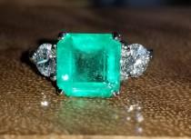 wedding photo - 14k white gold engagement three  stone ring natural green Colombia emerald ring  2.99 carat.