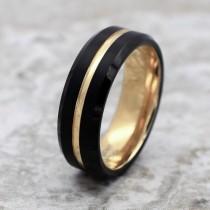 wedding photo - Tungsten Ring, Men's Tungsten Wedding Band, Men's Black Wedding Band, Black Tungsten Ring, Yellow Gold Tungsten Ring, Yellow Gold Band