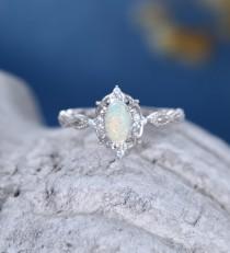 wedding photo - Oval cut Opal engagement ring women 14k white gold diamond vintage engagement ring Antique cluster diamond wedding anniversary gift ring