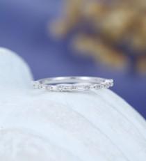 wedding photo - Solid 14K white gold wedding band women Unique Baguette diamond wedding band vintage stacking ring matching Half eternity anniversary Gift