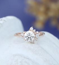 wedding photo - Unique Moissanite engagement ring vintage Rose gold engagement ring for women Cluster ring Floral Bridal wedding Promise Anniversary Gift