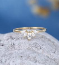 wedding photo - Curved  wedding band women Solid 14K Yellow gold diamond wedding band marquise cut Moissanite ring stacking matching anniversary gift  ring