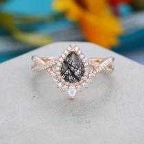 wedding photo - Pear shaped Black quartz engagement ring rose gold Unique Vintage engagement ring for women Twisted diamond wedding Bridal Promise gift