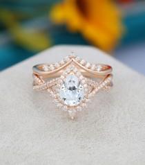 wedding photo - Pear shaped Moissanite engagement ring set Art deco Rose gold engagement ring vintage Unique Curved diamond Bridal Anniversary gift for her