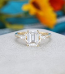 wedding photo - Emerald cut moissanite engagement ring Yellow gold Unique Cluster engagement ring for women vintage Marquise diamond Bridal Anniversary gift