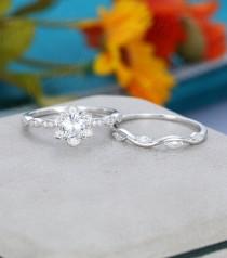 wedding photo - White sapphire engagement ring set Solid 14K White gold Unique vintage Half eternity Marquise diamond wedding women Bridal set Promise gift