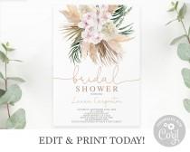 wedding photo - Boho chic Bridal Shower Invitation Instant Download editable Template, dried tropical leaves Bohemian Bridal Shower invite