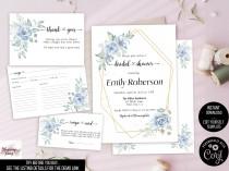 Dusty blue Bridal shower Invitation set , Blue floral bridal shower Invite, Blue rose bridal shower invitation bundle, Instant Download wedding photo - Dusty blue Bridal shower Invitation set , Blue floral bridal shower Invite, Blue rose bridal shower invitation bundle, Instant Download