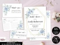 wedding photo - Dusty blue Bridal shower Invitation set , Blue floral bridal shower Invite, Blue rose bridal shower invitation bundle, Instant Download