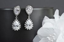 wedding photo - Bridal Earrings, Bridesmaid Earrings, Rhodium Plated Cubic Zirconia Ear Posts and Large Cubic Zirconia Teardrops Bridal Earrings