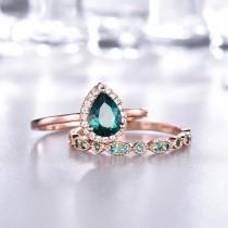 wedding photo - Pear Emerald Engagement Ring Set,Diamond halo,Plain Rose Gold Band,Emerald Wedding Band,Art Deco Wedding Band,Women Bridal Set,14K/18K Gold