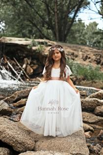 wedding photo - Flower Girl Dress, Short Sleeve White, ivory, Sage Boho Vintage Tulle and Lace Flower Girl Dresses