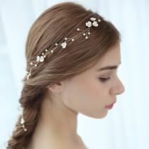 wedding photo - Boho hair wire, rose, bridal hair accessories, silver, real porcelain blossom slack, wedding hair vine, gift tip, communion,