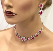 wedding photo - Bridal Jewelry Fuchsia Pink Crystal Rhinestone Choker Necklace Earrings Set, Vintage Inspired Jewelry Set, Bridal Statement Necklace Set