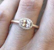 wedding photo - Peach Sapphire Engagement Ring- Deco Halo Promise Ring- Rose Gold Engagement Ring- Woman Alternative Ring- Simple Oval Anniversary Ring