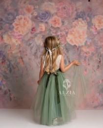 wedding photo - Full Length Sage Green Tulle Sleeveless Lace Top Scalloped Edges Back Party Flower Girl Dress