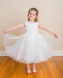 wedding photo - White Tulle flower girl Dress embellished with sparkling sequin floral  First communion dress