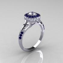 wedding photo - Modern Antique 10K White Gold Blue and White Sapphire Wedding Ring, Engagement Ring R191-10KWGBSWS