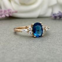 wedding photo - Rose Gold Art Deco Oval Natural London Blue Topaz Ring Round And Marquise Simulated Diamond Sterling Silver Engagement Wedding Promise Ring