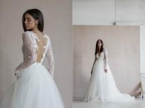 wedding photo - Lace & tulle wedding dress with long sleeves, deep v, open back, handmade appliqué/ Ethereal wedding dress/ Romantic bridal gown/ Ball Gown