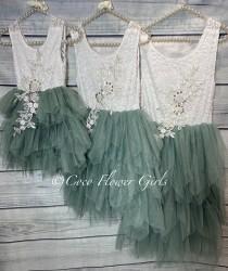 wedding photo - Pretty Sage Green Boho Dress Princess Tutu Flower Girl Dress Bridal Vintage Ruffles with Applique