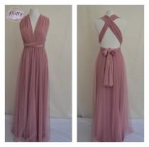 wedding photo - DUSTY PINK TULLE Bridesmaid dress Infinity dress Twist and wrap dress Tulle Multi-way dress Convertible Maxi dress Pink dress Tulle overlay