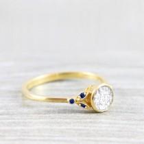 wedding photo - White and blue sapphire round engagement solitaire nature inspired leaf floral ring in gold or platinum handmade for her UK