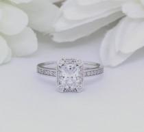 wedding photo - Solid 14K White Gold Vintage Art Deco 1.00ct Halo Wedding Engagement Ring Round Emerald Cut Simulated Diamond Bridal Ring Gold Ring