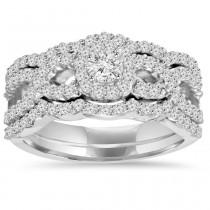 wedding photo - Diamond Engagement Ring Set, Matching Guard Wedding Bands 1.10Ct Diamond Bridal Engagement Ring Set 10K White Gold