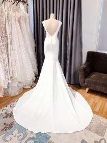 wedding photo - Open Back Mermaid Wedding Dress/ Minimalist Crepe Bridal Gown Long Train