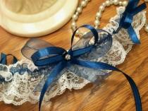wedding photo - Wedding garter white lace and Navy Blue organza